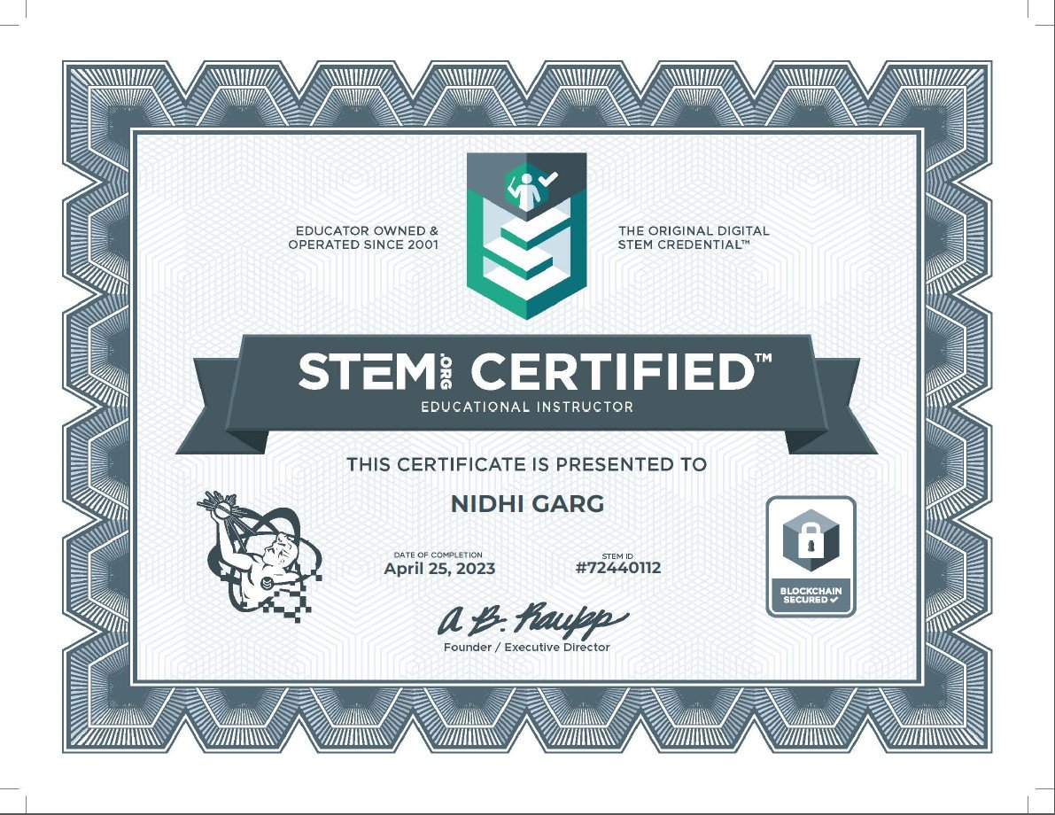 STEM Certified Educational Instructor certificate presented to Nidhi Garg