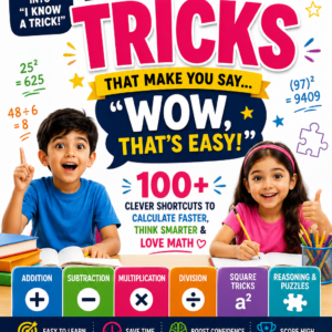 **Alt text:** Colorful Math Skillz by Nidhi book cover featuring “Math Tricks,” 100+ clever shortcuts, happy children, and sections for addition, subtraction, multiplication, division, square tricks, and reasoning puzzles.